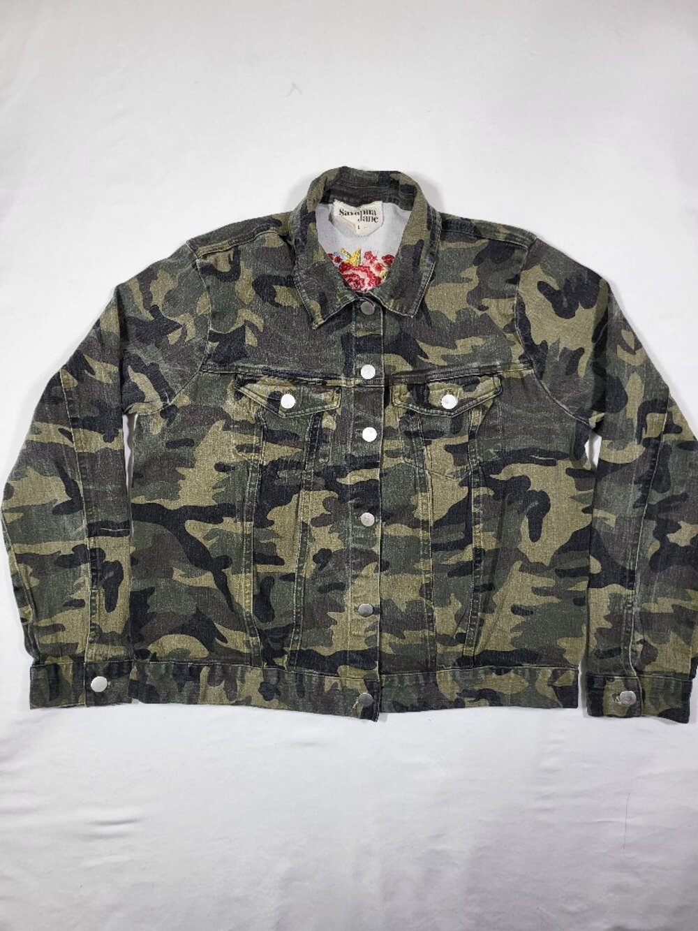 Savanna Jane Camo Denim Jacket Embroidered Floral Bull Skull Feathers Large